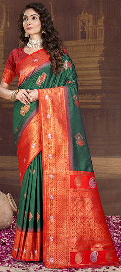 Green color Saree in Art Silk fabric with Weaving work