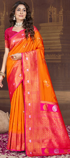 Orange color Saree in Art Silk fabric with Weaving work