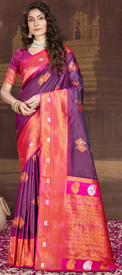 Purple and Violet color Saree in Art Silk fabric with Weaving work