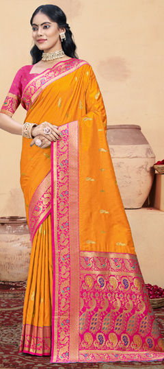 Orange color Saree in Art Silk fabric with Weaving work