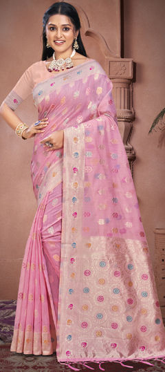 Pink and Majenta color Saree in Cotton fabric with Weaving, Zari work