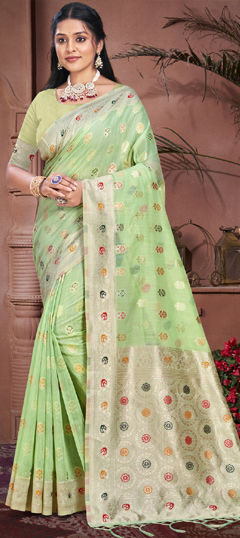 Green color Saree in Cotton fabric with Weaving, Zari work