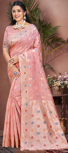 Pink and Majenta color Saree in Cotton fabric with Weaving, Zari work