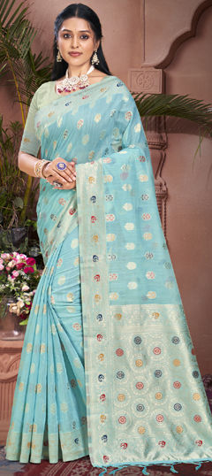 Blue color Saree in Cotton fabric with Weaving, Zari work