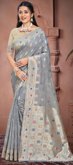 Black and Grey color Saree in Cotton fabric with Weaving, Zari work