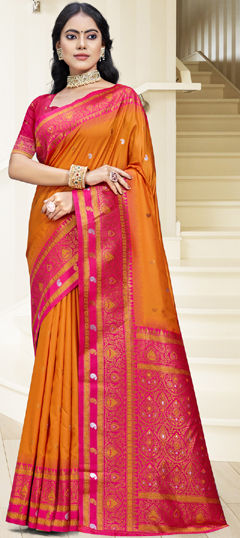 Orange color Saree in Art Silk fabric with Weaving work