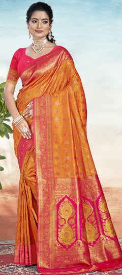 Orange color Saree in Art Silk fabric with Weaving work