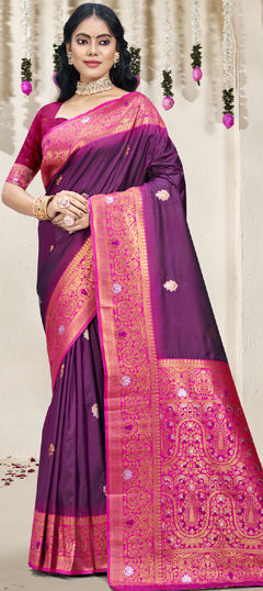 Purple and Violet color Saree in Art Silk fabric with Weaving work