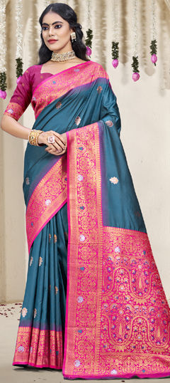 Blue color Saree in Art Silk fabric with Weaving work