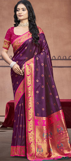Purple and Violet color Saree in Art Silk fabric with Weaving work