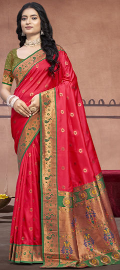 Red and Maroon color Saree in Art Silk fabric with Weaving work