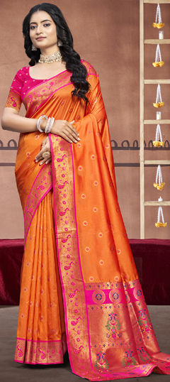 Orange color Saree in Art Silk fabric with Weaving work