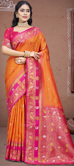 Orange color Saree in Art Silk fabric with Weaving work