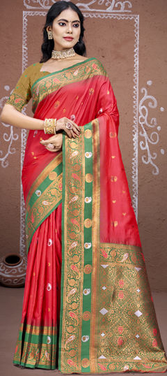 Red and Maroon color Saree in Art Silk fabric with Weaving work
