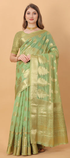 Green color Saree in Organza Silk fabric with Weaving work