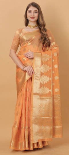 Orange color Saree in Organza Silk fabric with Weaving work