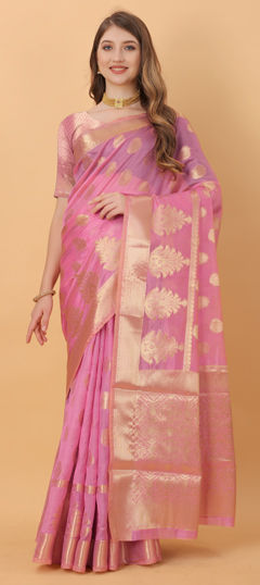 Pink and Majenta color Saree in Organza Silk fabric with Weaving work