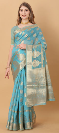 Blue color Saree in Organza Silk fabric with Weaving work