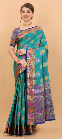 Green color Saree in Art Silk fabric with Printed, Weaving, Zari work