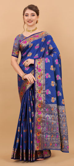 Blue color Saree in Art Silk fabric with Printed, Weaving, Zari work