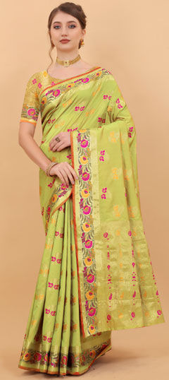 Yellow color Saree in Art Silk fabric with Printed, Weaving, Zari work