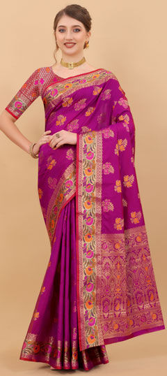 Pink and Majenta color Saree in Art Silk fabric with Printed, Weaving, Zari work