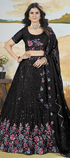 Black and Grey color Lehenga in Silk fabric with Embroidered, Sequence, Thread work