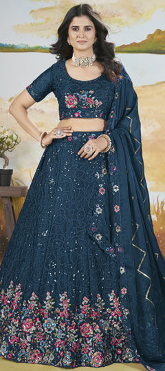 Blue color Lehenga in Silk fabric with Embroidered, Sequence, Thread work