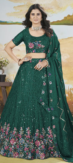 Green color Lehenga in Silk fabric with Embroidered, Sequence, Thread work