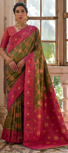 Green color Saree in Banarasi Silk fabric with Weaving work