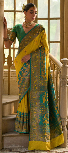 Yellow color Saree in Banarasi Silk fabric with Weaving work