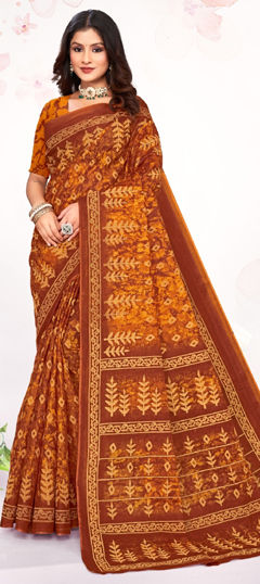 Beige and Brown color Saree in Cotton fabric with Printed work