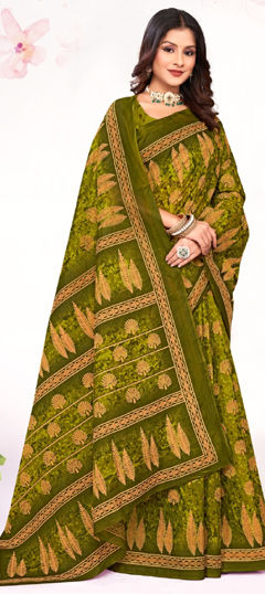 Green color Saree in Cotton fabric with Printed work