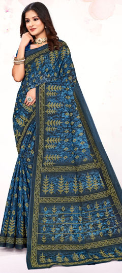 Blue color Saree in Cotton fabric with Printed work