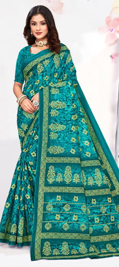 Blue color Saree in Cotton fabric with Printed work