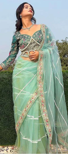 Green color Saree in Net fabric with Embroidered, Sequence, Stone, Thread work