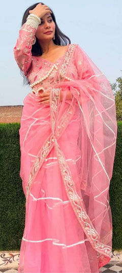 Pink and Majenta color Saree in Net fabric with Embroidered, Sequence, Thread work