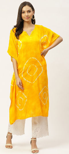 White and Off White, Yellow color Kaftan in Crepe Silk fabric with Printed work