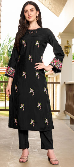 Black and Grey color Kurti in Art Silk fabric with Embroidered, Resham, Thread work