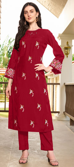 Red and Maroon color Kurti in Art Silk fabric with Embroidered, Resham, Thread work