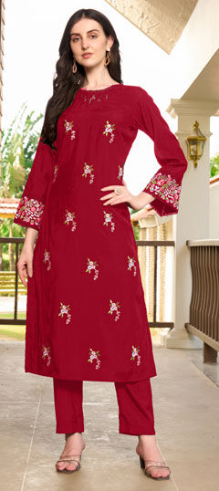 Red and Maroon color Salwar Kameez in Art Silk fabric with Embroidered, Resham, Thread work