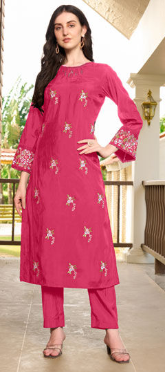 Pink and Majenta color Salwar Kameez in Art Silk fabric with Embroidered, Resham, Thread work