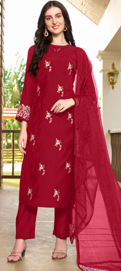 Red and Maroon color Salwar Kameez in Art Silk fabric with Embroidered, Resham, Thread work