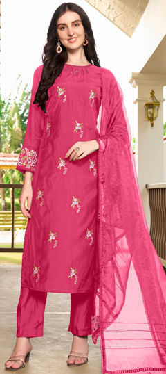 Pink and Majenta color Salwar Kameez in Art Silk fabric with Embroidered, Resham, Thread work