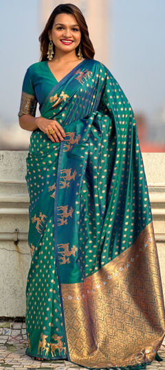 Green color Saree in Silk fabric with Weaving, Zari work