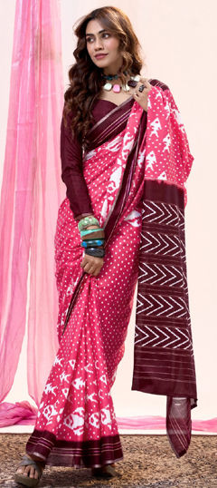 Pink and Majenta color Saree in Tussar Silk fabric with Printed work