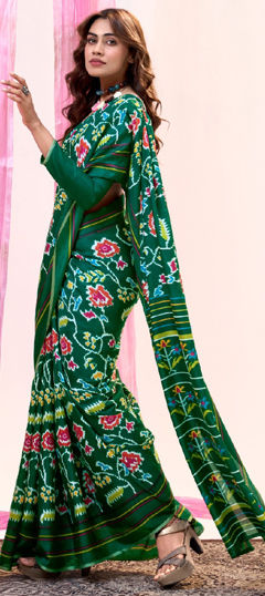 Green color Saree in Tussar Silk fabric with Printed work