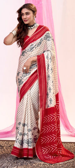 White and Off White color Saree in Tussar Silk fabric with Printed work