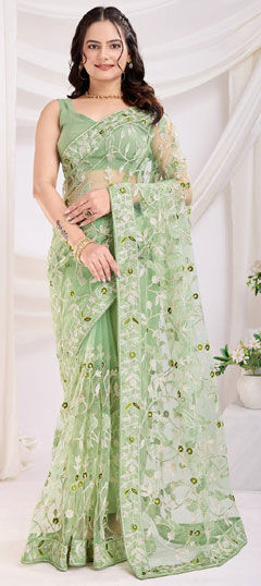 Green color Saree in Net fabric with Embroidered, Resham, Thread work