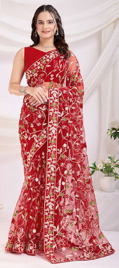 Red and Maroon color Saree in Net fabric with Embroidered, Resham, Thread work